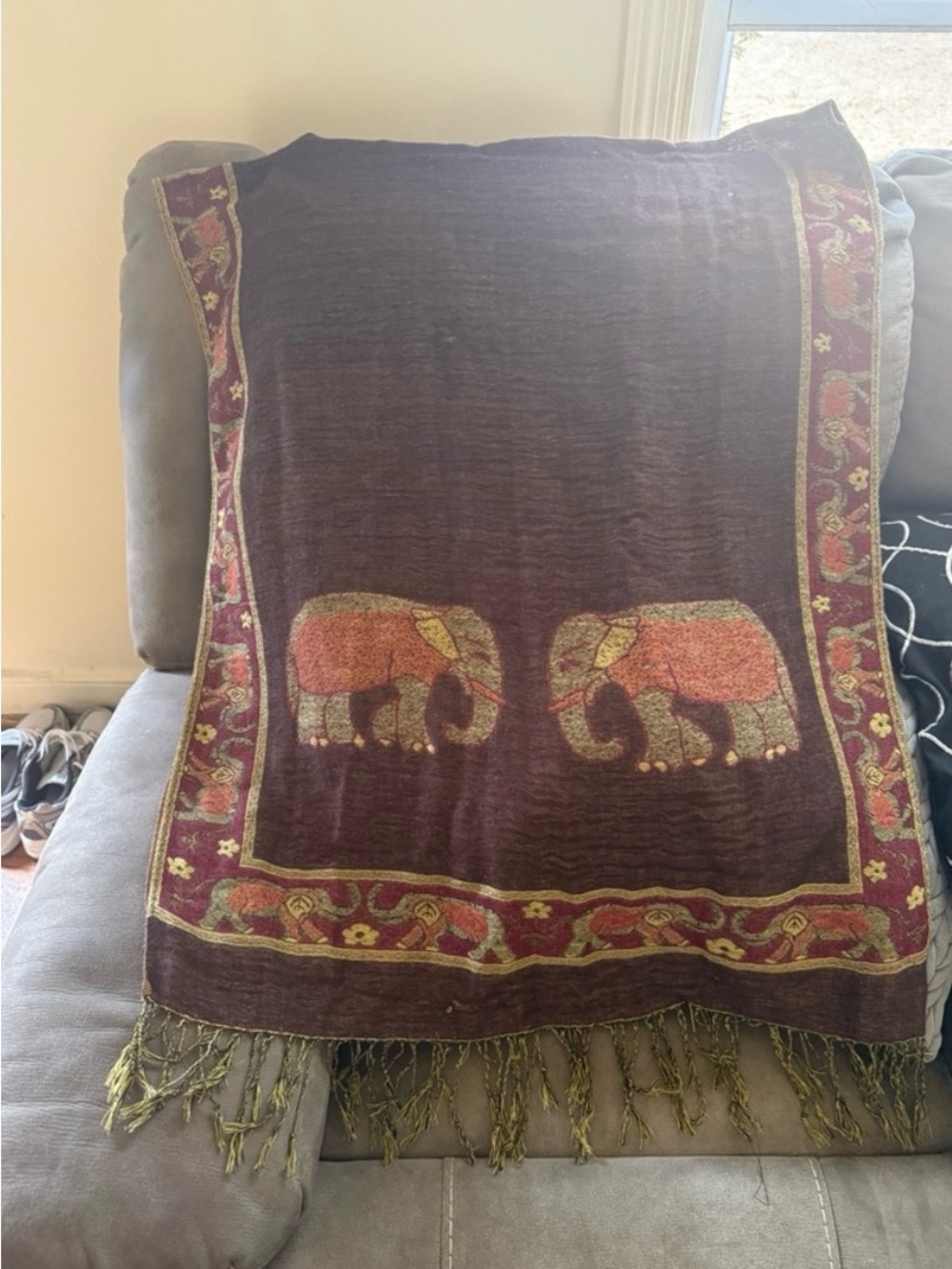 Boho Elephant Pattern Brown Fringe Wrap Scarf